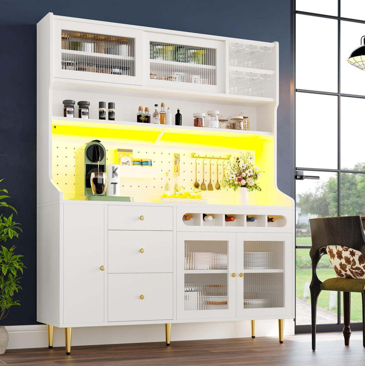 BUFFET 145/171/39 cm Weiß aus MDF und Glas mit LED-Beleuchtung - Weiß, Glas (39/171/145cm) - OKMYHOME