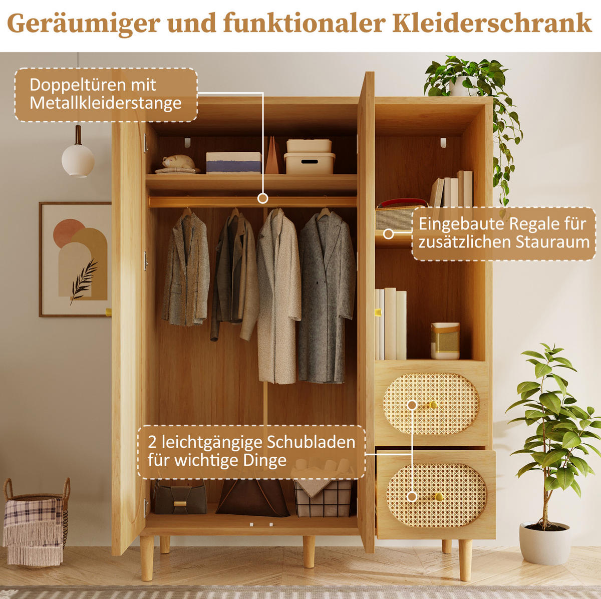 KLEIDERSCHRANK aus Holz 44x120x161 cm Eiche mit 2 Türen, 2 Schubladen, Kleiderstange und offenen Fächern im Landhausstil - Nussbaumfarben, Holzwerkstoff (120/161/44cm) - Modfu