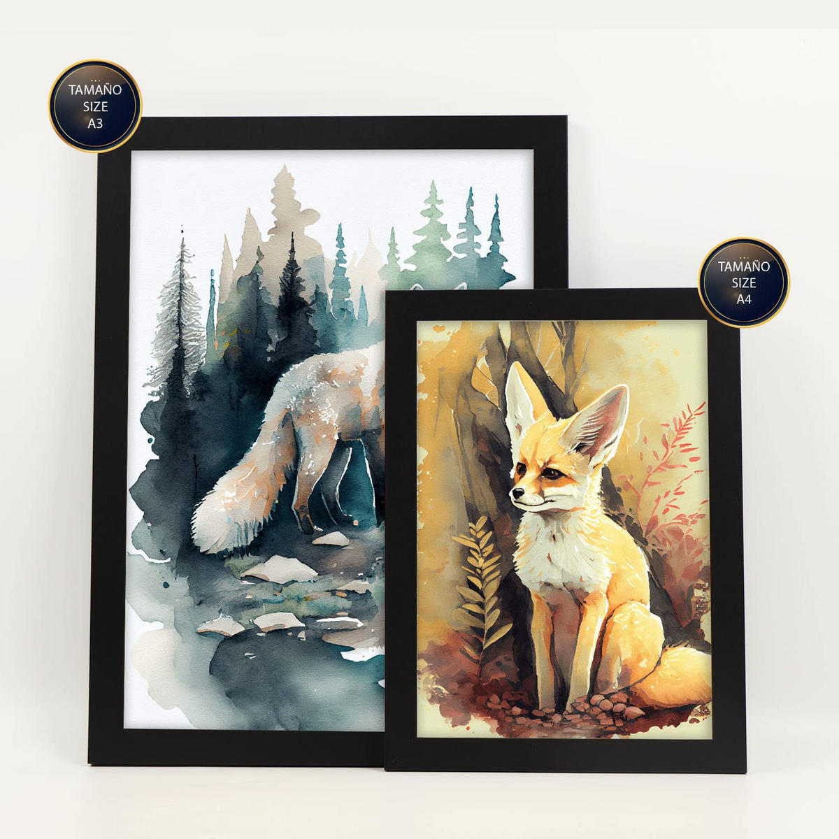 POSTER Set Mit 6 Wald Und Savanne Illustrationen Von Tieren In Naturlandschaften, Realistischer Aquarellstil Innenarchitektur A3 & A4 Schwarzer Rahmen - Schwarz, Papier (29/3cm) - Nacnic