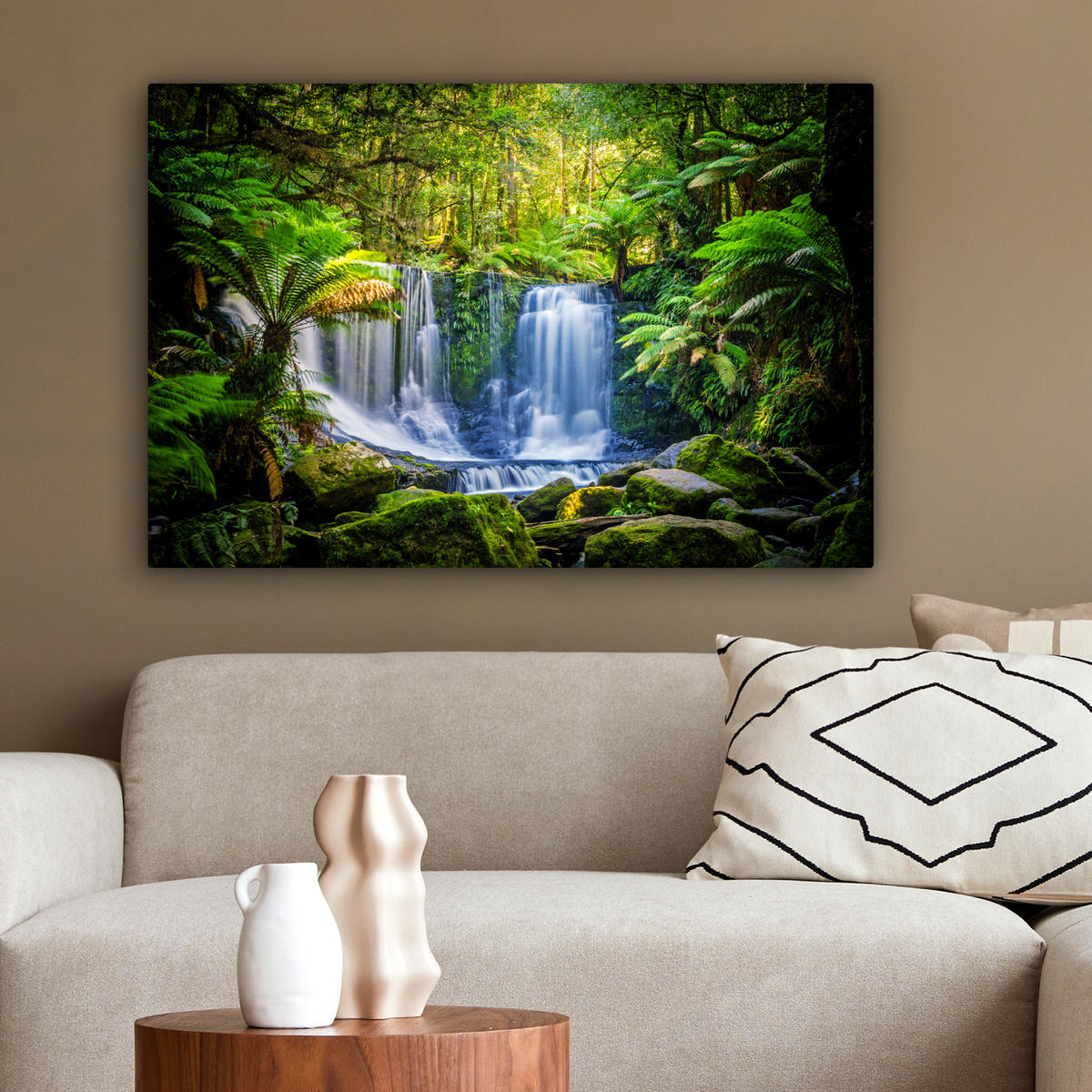 LEINWANDBILD Dschungel - Wasserfall - Australien - Pflanzen - Natur Gemälde 60x40 cm - Dunkelgrün, Textil (60/40cm) - MuchoWow