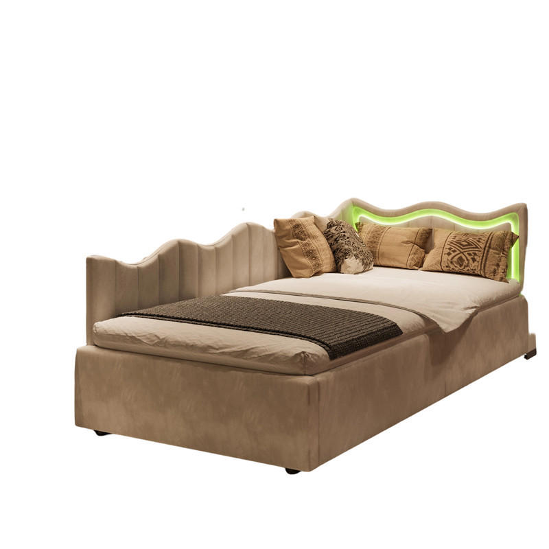 SOFABETT 90x200 cm Beige Samt LED Stauraum - Beige, Metall (90/200cm) - SHOPENTRA