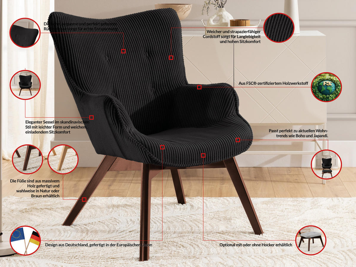 LOUNGESESSEL Lenari Schwarz Cordstoff mit Füßen in Braun - Schwarz/Braun, Holz/Textil (71/96/86cm) - S-Style Möbel