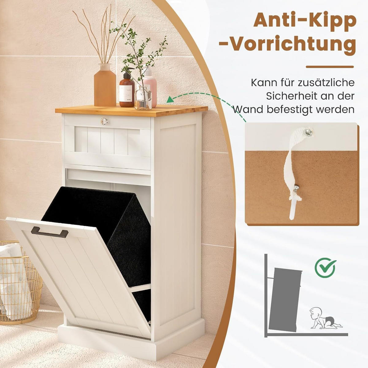 WÄSCHESCHRANK mit Wäschekorb Weiß - Weiß, Holzwerkstoff (40/82/37cm) - COSTWAY