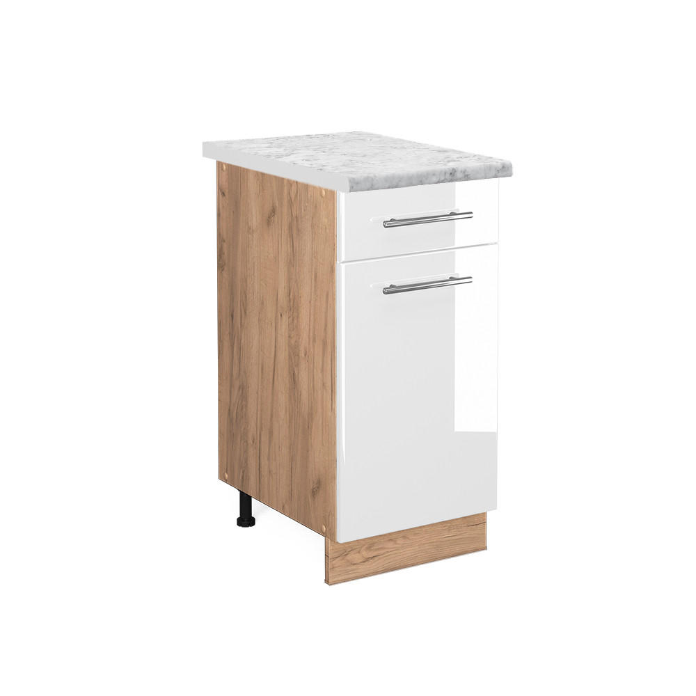 KÜCHENUNTERSCHRANK Fame-Line Weiß Hochglanz 40 cm, AP Marmor - Weiß Hochglanz/Eiche Wotan, Holzwerkstoff (40/82/60cm) - Vicco