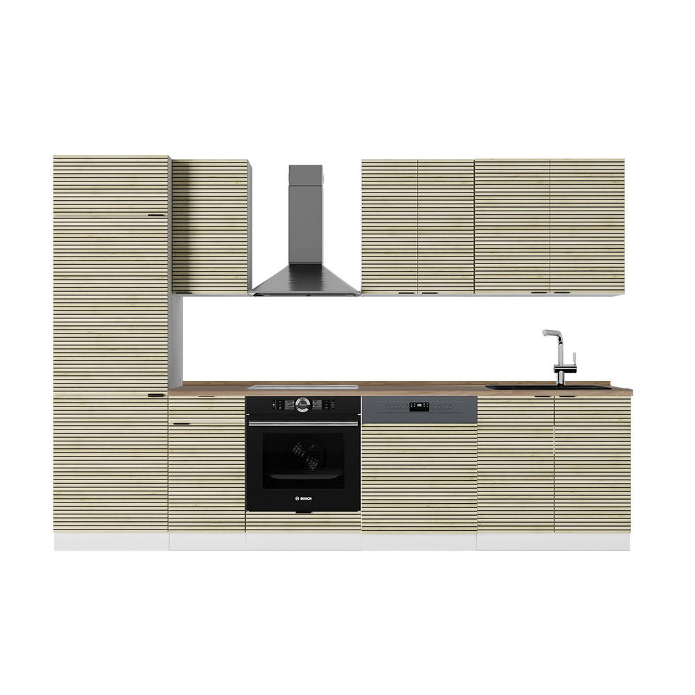 KÜCHENZEILE Fame-Line Eiche Paneel/Weiß 300 cm , AP Eiche - Hellbraun/Eichefarben, Holzwerkstoff (300/81.6/60cm) - Vicco
