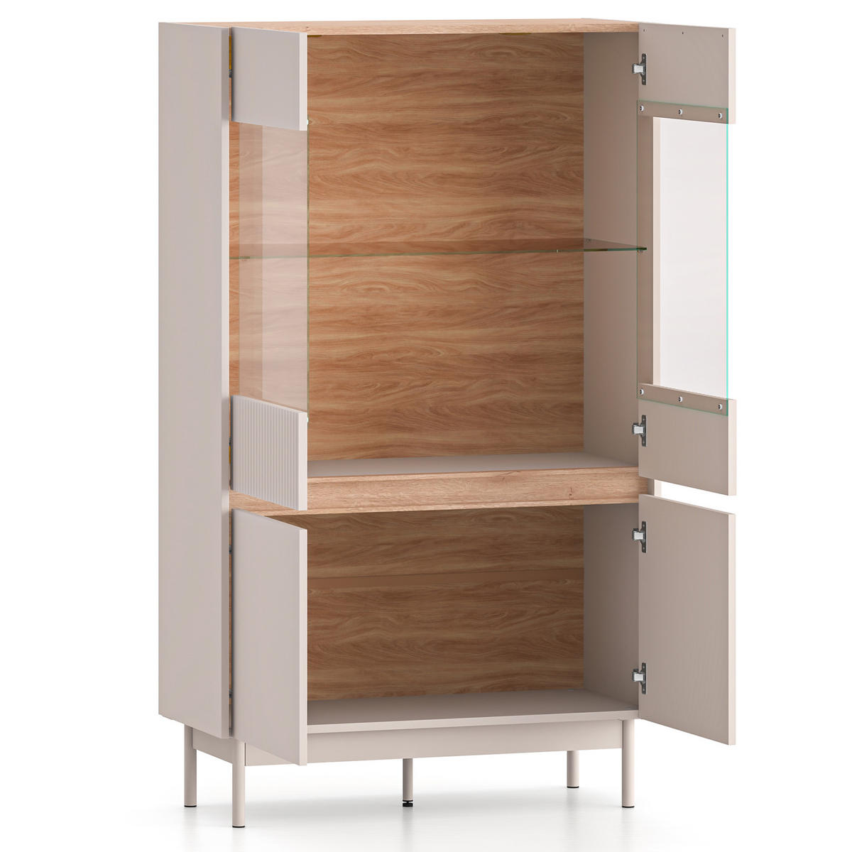 VITRINENSCHRÄNK NALIA, Vitrine, Creme/Eiche - Eichefarben/Creme, Glas/Holzwerkstoff (92/156/40cm) - KONSIMO®