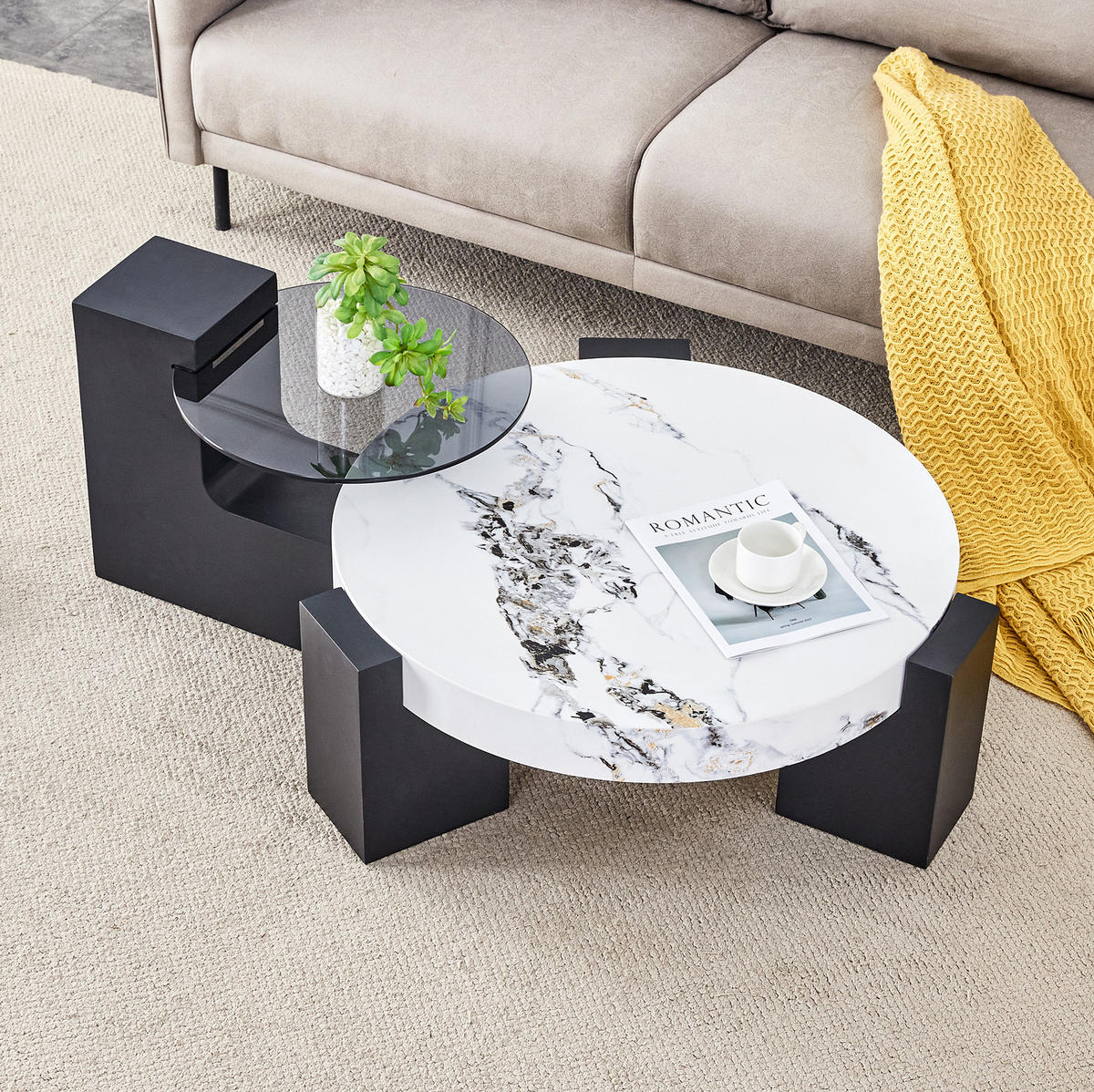 BEISTELLTISCH 61/30 cm Weiß/Schwarz aus MDF und Glas zerlegbar 2er Set - Schwarz, Holzwerkstoff (61/61/30cm) - OKMYHOME
