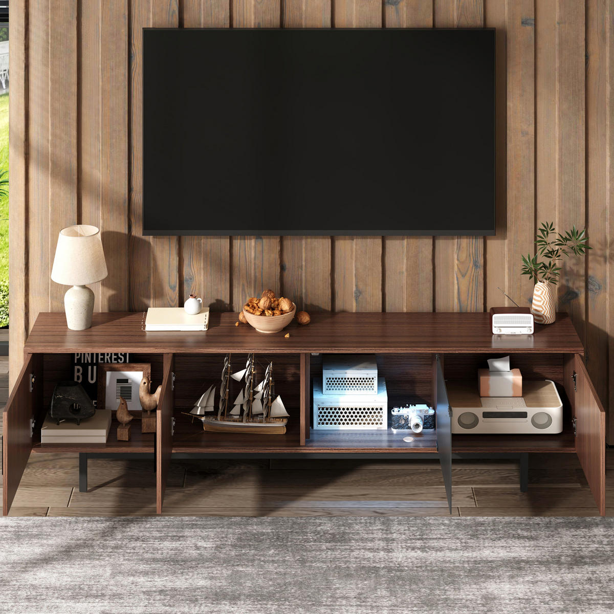 TV-STÄNDER 200/35/53 cm schwarz und Walnussbraun MDF mit intelligentem LED-Lichtstrip und Glastüren - Schwarz, Holzwerkstoff (200/53/35cm) - OKWISH