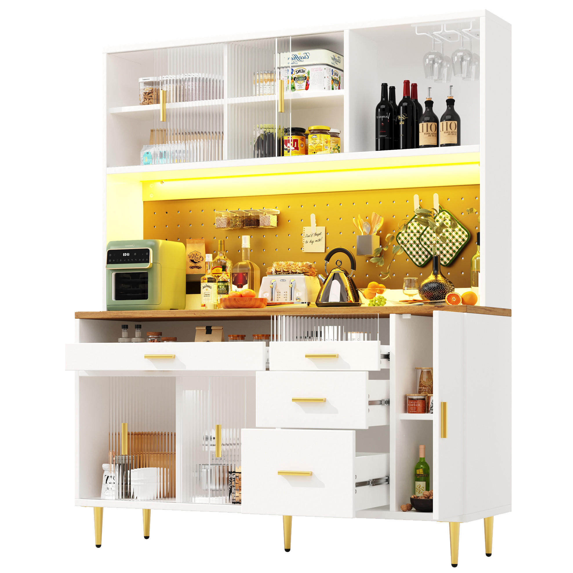 BUFFET 145/39/171 cm aus MDF und Glas mit App-steuerbarer LED-Beleuchtung Weiß - Weiß, Holzwerkstoff (145/171/24cm) - Modenvie