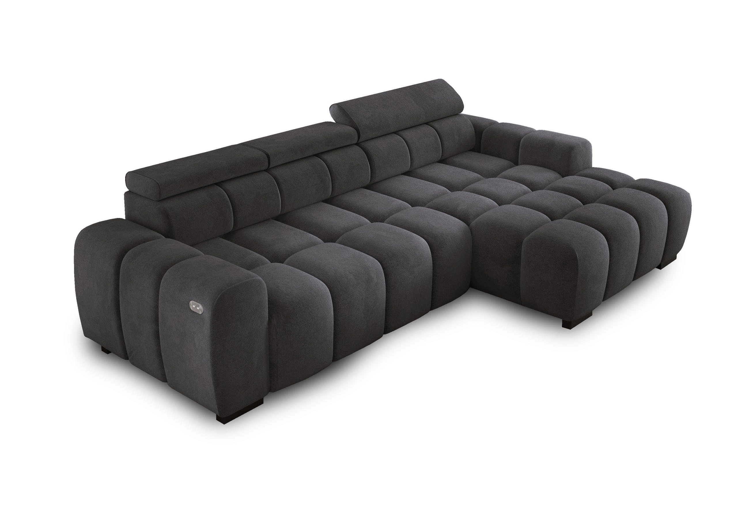 ECKSOFA OMBO 285x168x77/97 cm, Rechts, Schlaffunktion, elektr. Sitz, Kopfstützen, Buche dunkel, hydrophober SALVADOR-Stoff – Graphit - Graphitfarben, Holz/Textil (285/168cm) - DomoHome