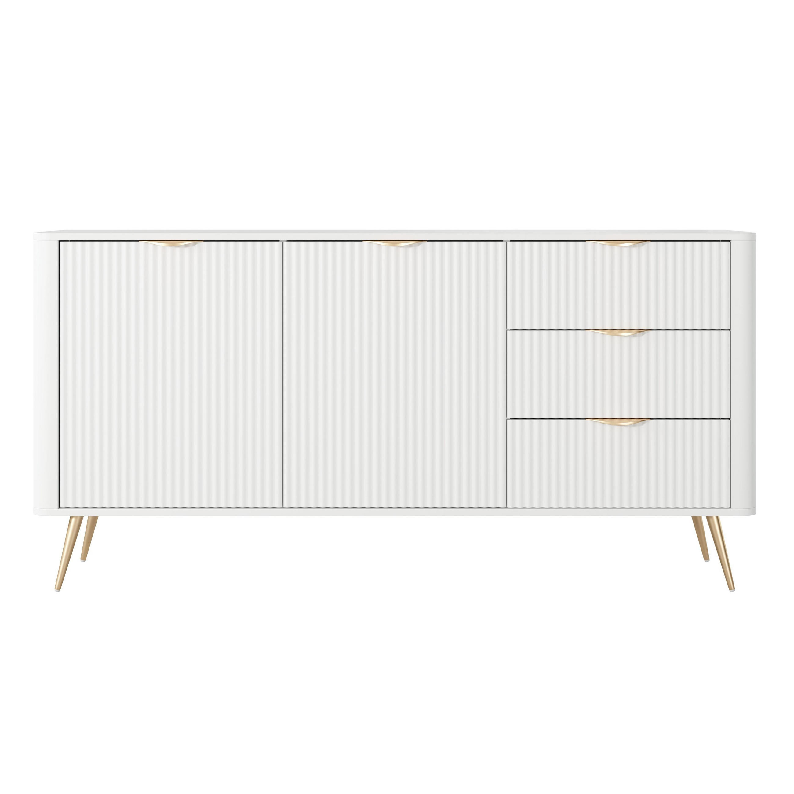 SIDEBOARD Vespasia 2T 3S Beige 163,2/81,2/38 cm – Geriffelte Fronten - Goldfarben/Weiß, Holzwerkstoff/Metall (163.2/81.2/38cm) - AX Living