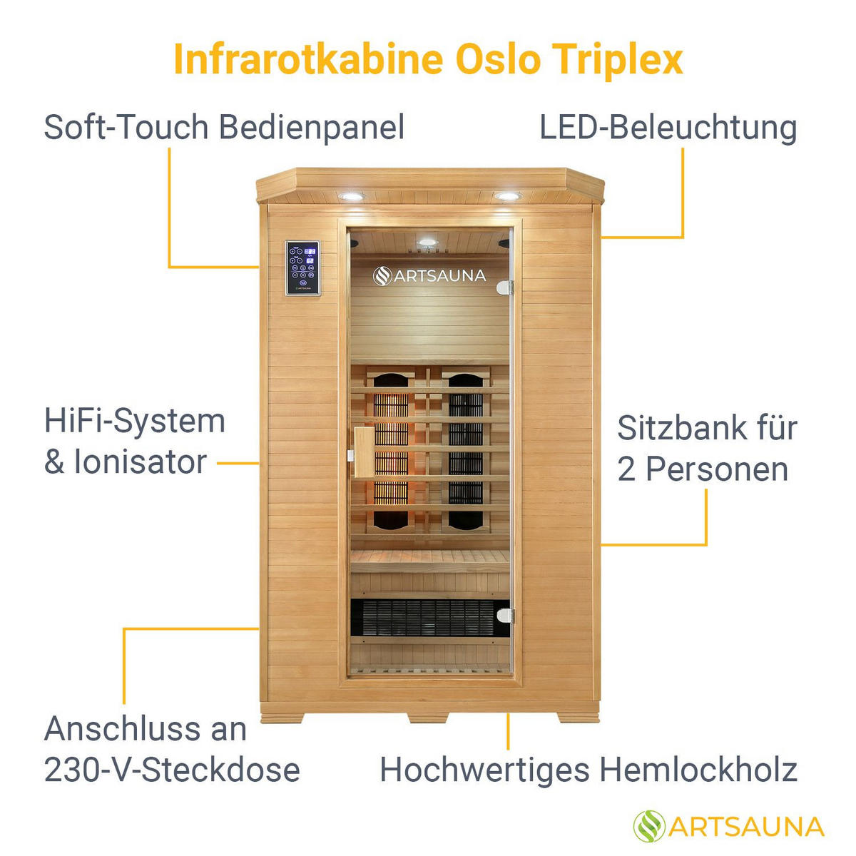 INFRAROTKABINE Oslo mit Triplex-Heizsystem & Hemlockholz - Naturfarben, Holz (120/190/100cm) - Artsauna