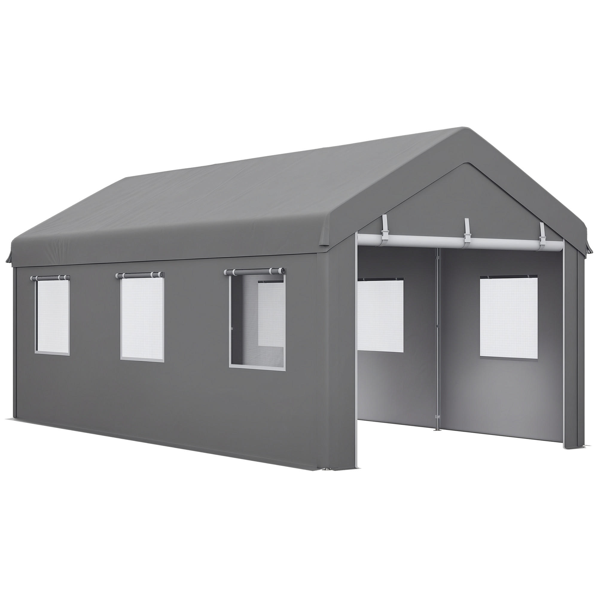 CARPORT DE-12609 600/295/278 cm 160 g/m² mit 2 Rolltüren und 6 Fenstern Grau - Hellgrau, Kunststoff (295/278/600cm) - ComfortXL