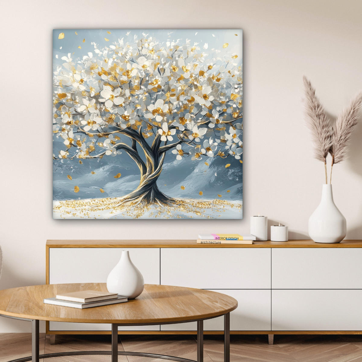LEINWANDBILD Baum - Winter - Baum des Lebens - Modern - Gold 90x90 cm - Goldfarben, Textil (90/90cm) - MuchoWow
