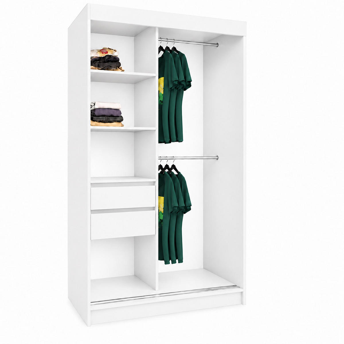 KLEIDERSCHRANK Gloria 120 cm Weiß Spiegel 2 Schubladen Griffe silber - Weiß, Holzwerkstoff (120/216/61cm) - KS Home Concept