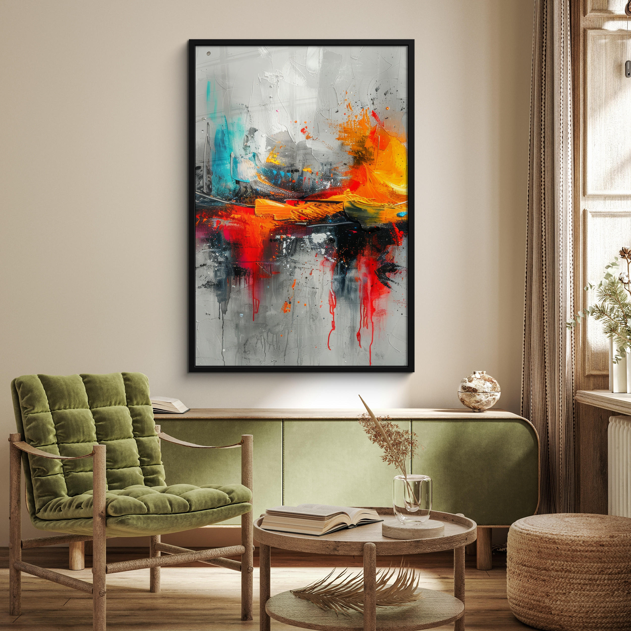 GERAHMTES BILD Moderne Kunst - Orange - Grau - Abstrakt 80x120 cm - Hellgrau, Papier (80/120cm) - MuchoWow