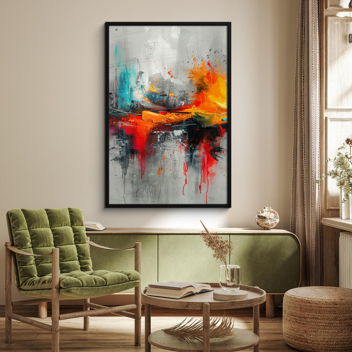 GERAHMTES BILD Moderne Kunst - Orange - Grau - Abstrakt 80x120 cm - Hellgrau, Papier (80/120cm) - MuchoWow