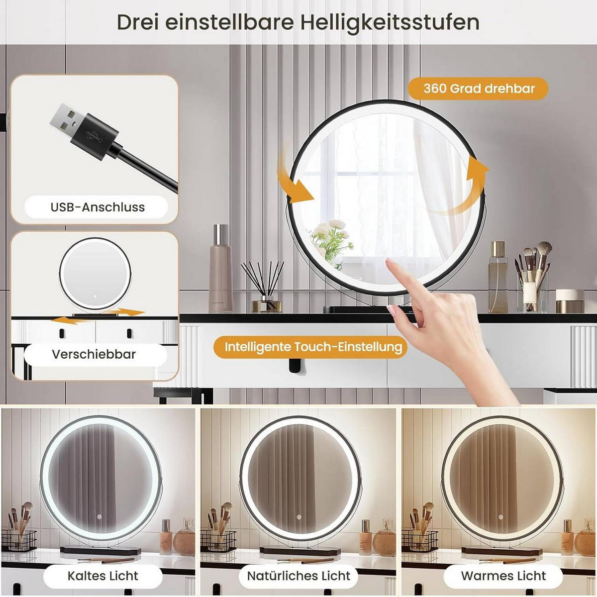 SCHMINKTISCH mit LED, Spiegel, 5 Schubladen, Seitenschrank, Weiß - Schwarz/Weiß, Holzwerkstoff/Metall (100/126/40cm) - Woltu