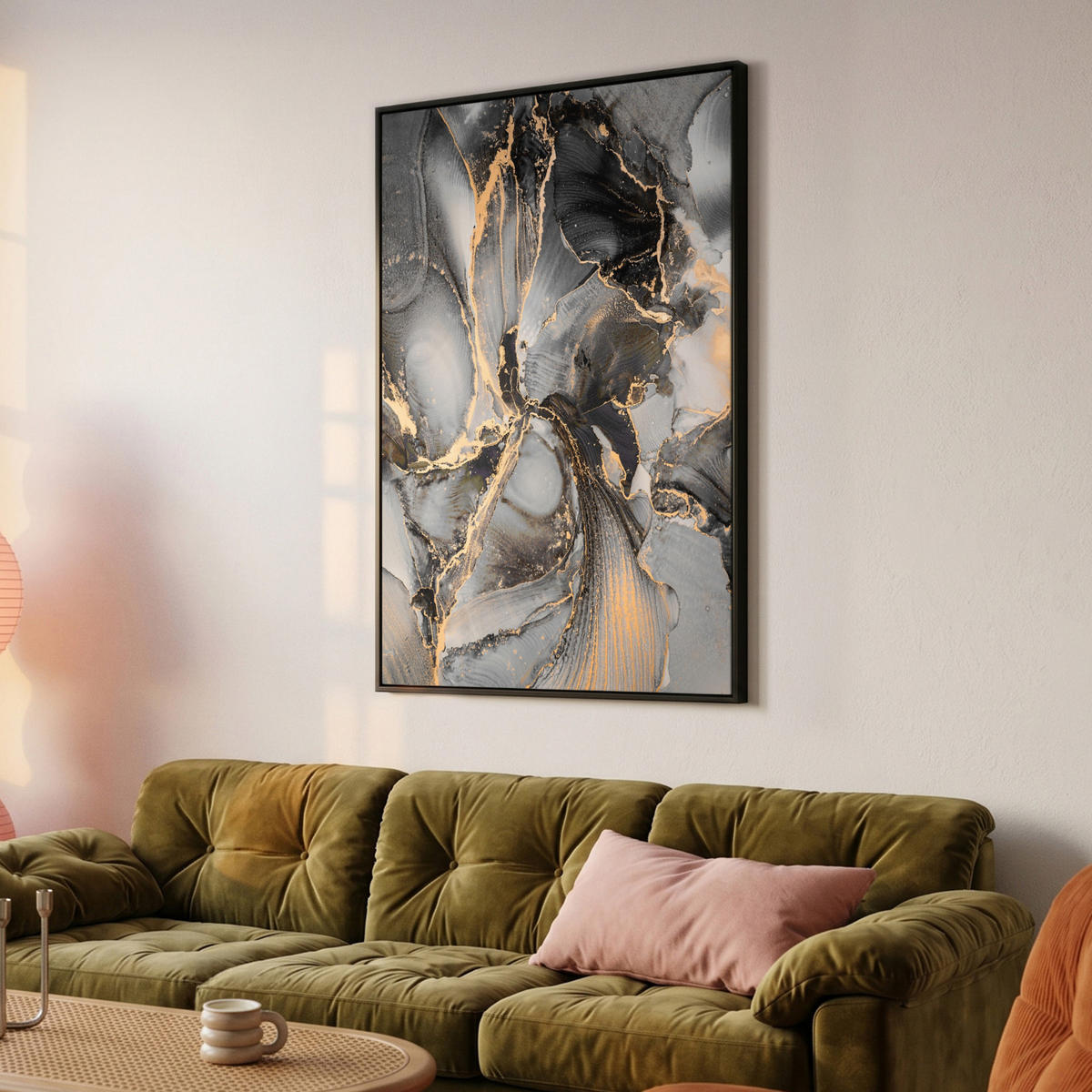 LEINWAND Bilder mit Rahmen - Grau - Luxus - Gold - Marmor - 100x150 - Dunkelgrau, Textil (100/150cm) - MuchoWow