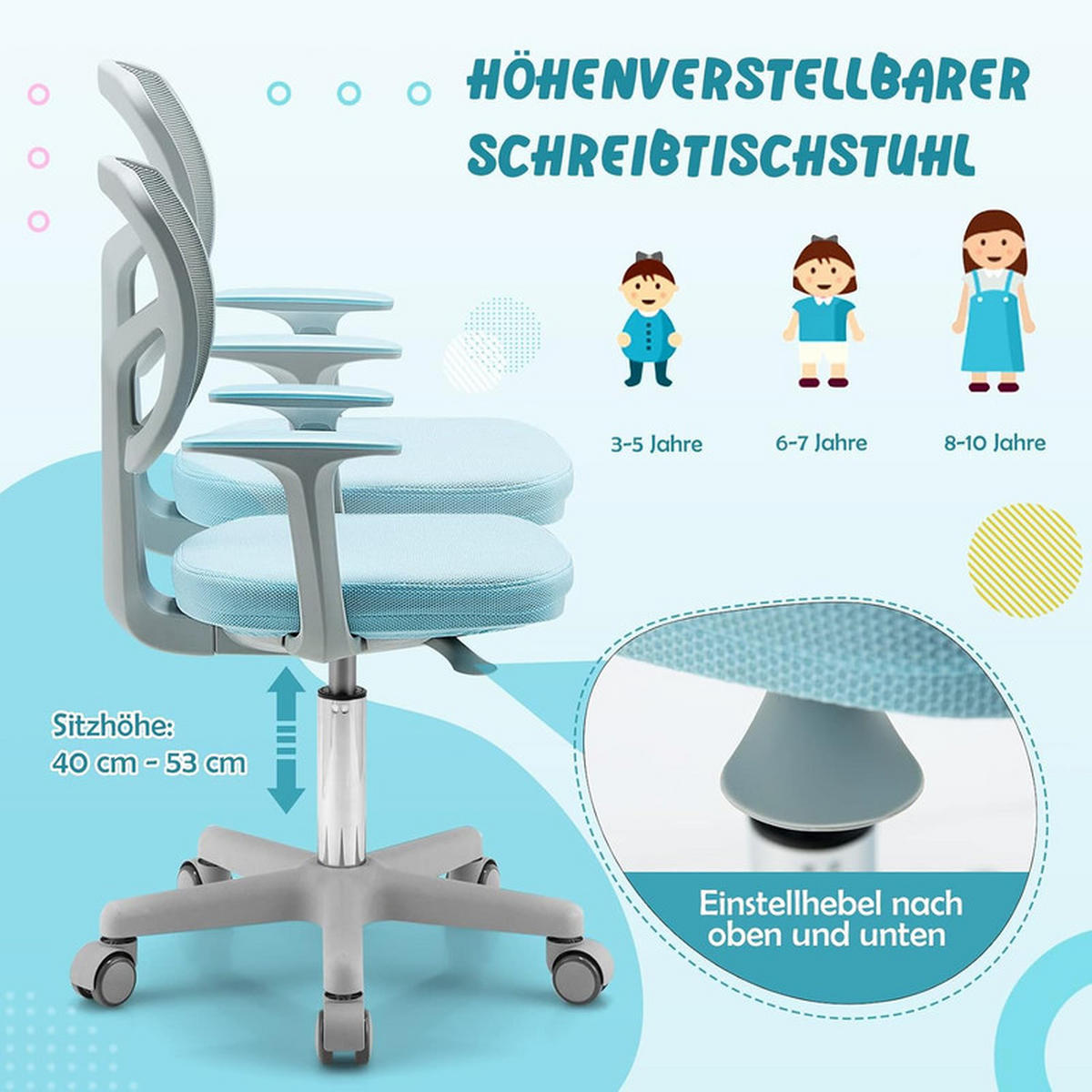 KINDER‑BÜROSTUHL 360°drehbar blau - Blau, Kunststoff (54/80/54cm) - COSTWAY