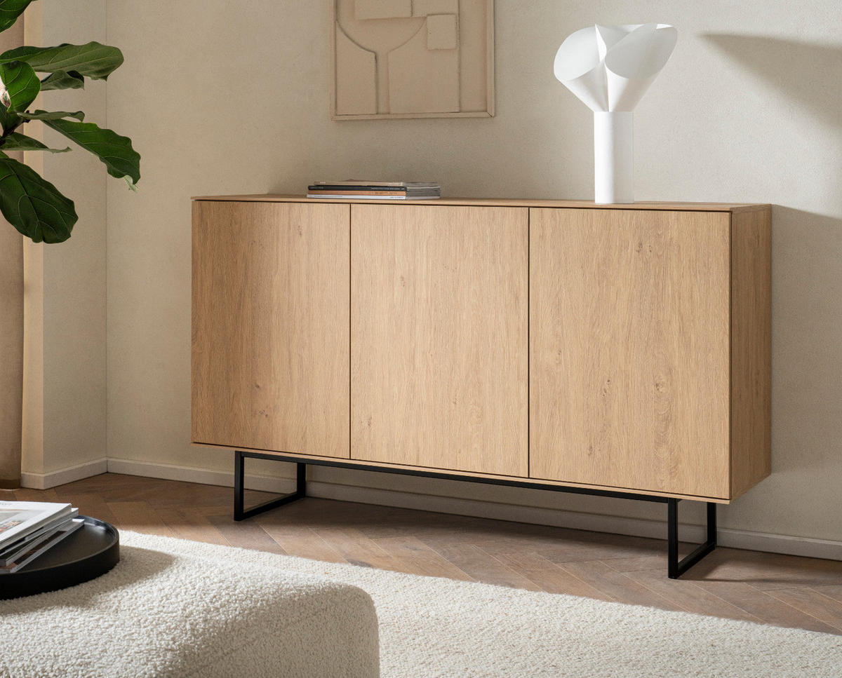 SIDEBOARD Stone Eiche 150 x 90 cm, Kommode mit Push-to-Open - Eichefarben/Schwarz, Holzwerkstoff/Metall (150/90/40cm) - Furn.Design