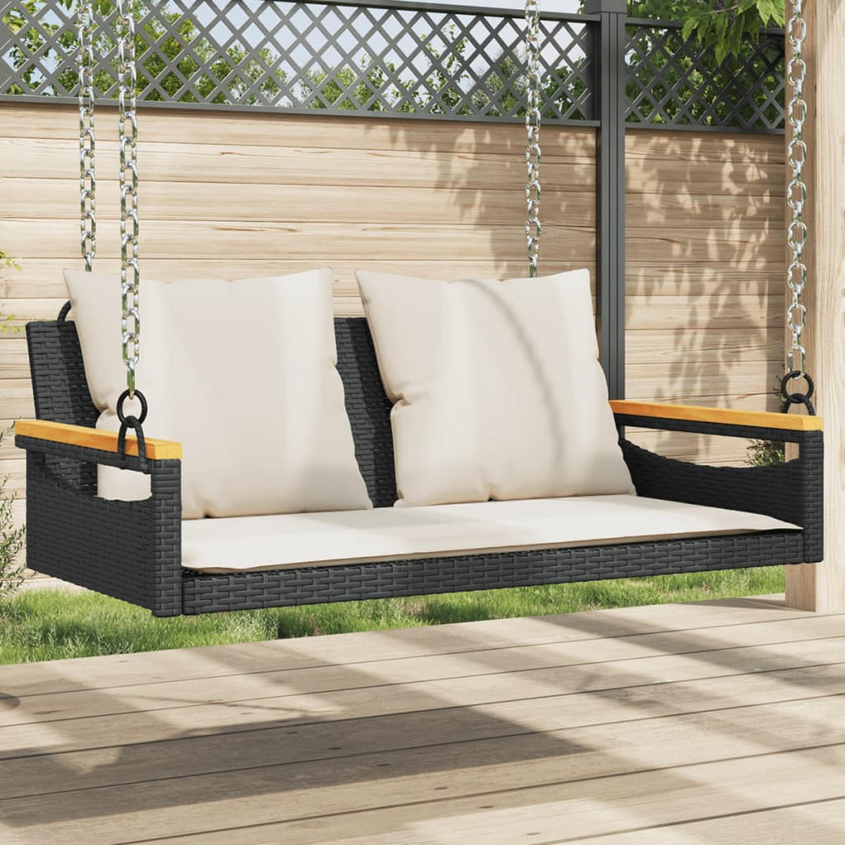 HÄNGEBANK mit Kissen Schwarz 109x62x40 cm Poly Rattan - Schwarz, Holz (109/40/62cm) - furnicato