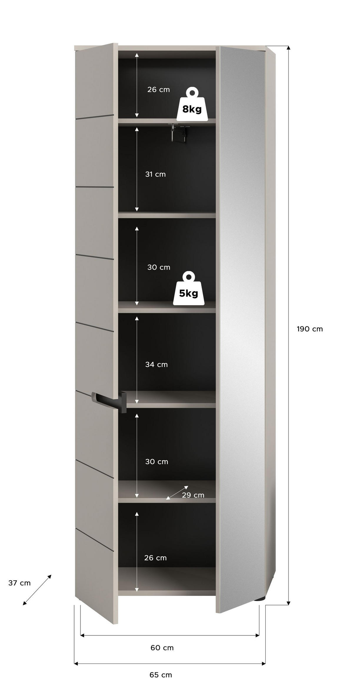 GARDEROBENSCHRANK Nova Garderobe in Basalt grau Nb. und Artisan Nb. B/H/T: 65x190x37 cm - Kaschmir, Holzwerkstoff (65/190/37cm) - Homes & Jones