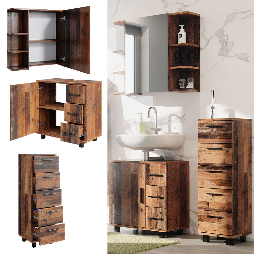 BADMÖBEL-SET Ilias Eiche rustikal 3 Teile, mit Midischrank - Wildeiche, Holzwerkstoff (60/60.8/33cm) - Vicco
