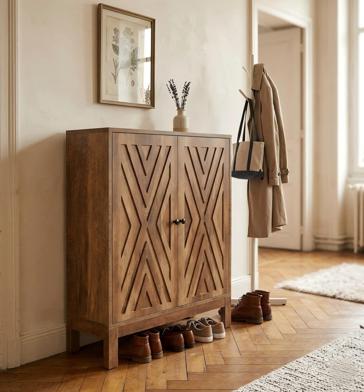 RUSTIKALES, 5-Stöckiges Schuhregal mit Schnitzereien,Braun - Walnussfarben, Textil (90/110/35cm) - Urban Meuble