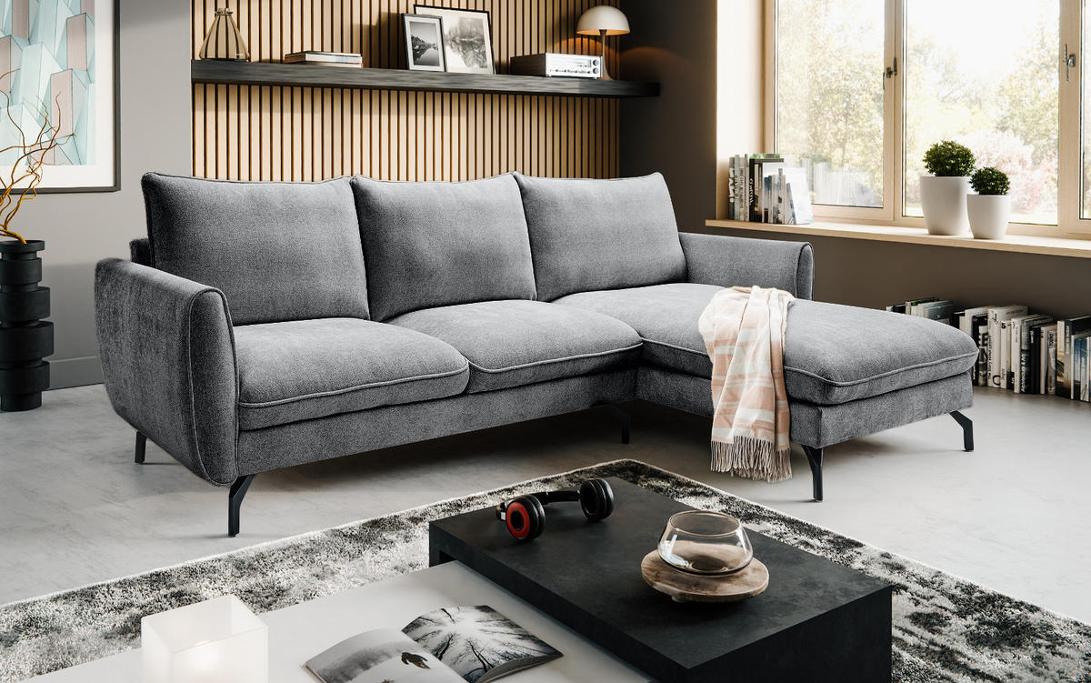 SOFA grau Webstoff 259 x 167 cm, Ecksofa 5-Sitzer, L-Sofa Ottomane rechts - Schwarz/Grau, Holz/Textil (259/167cm) - Inn.Furn