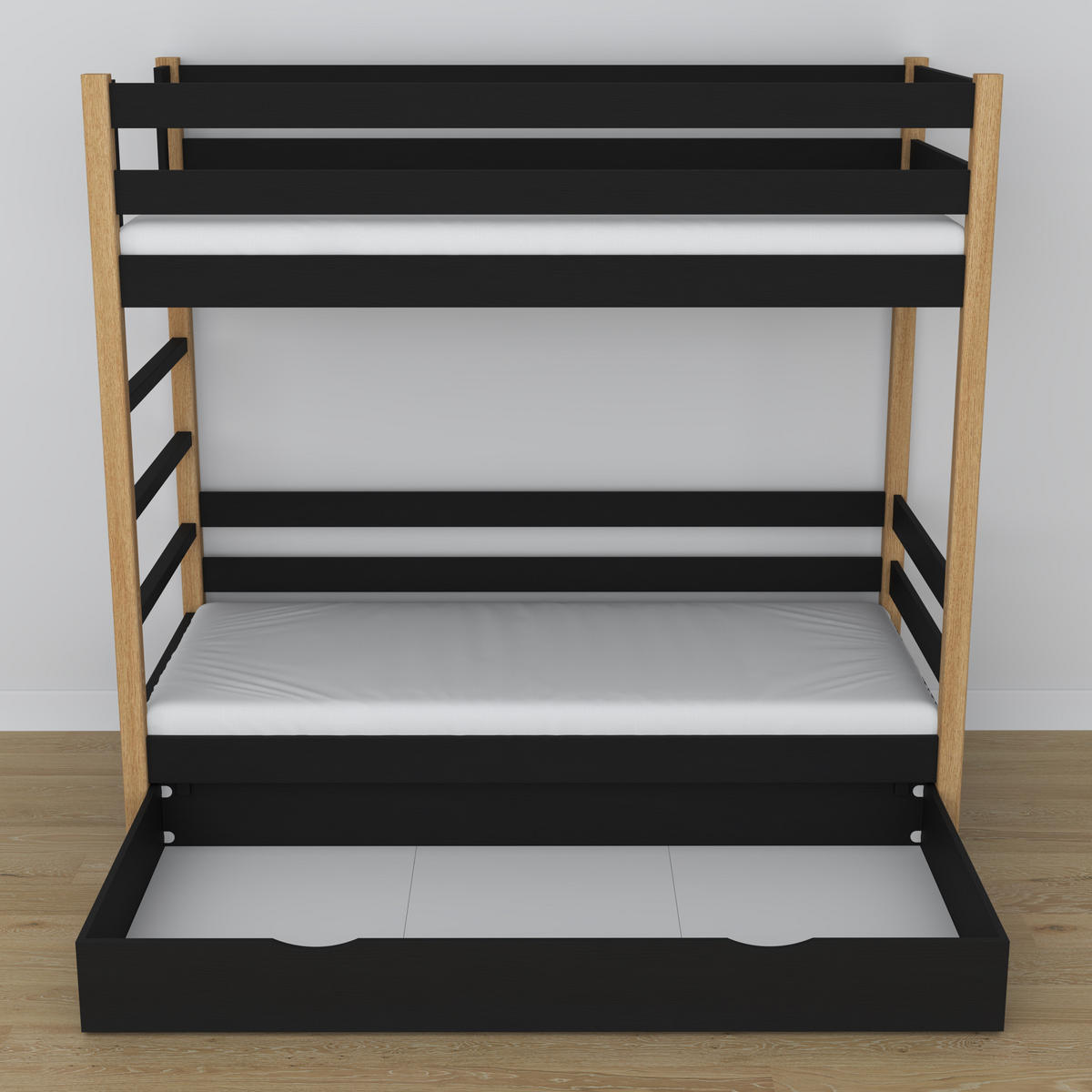 ETAGENBETT N03 mit Schublade Schwarz / Eiche Natur 100/180 - Schwarz/Eiche Artisan, Naturmaterialien/Holz (100/180cm) - N-Wood