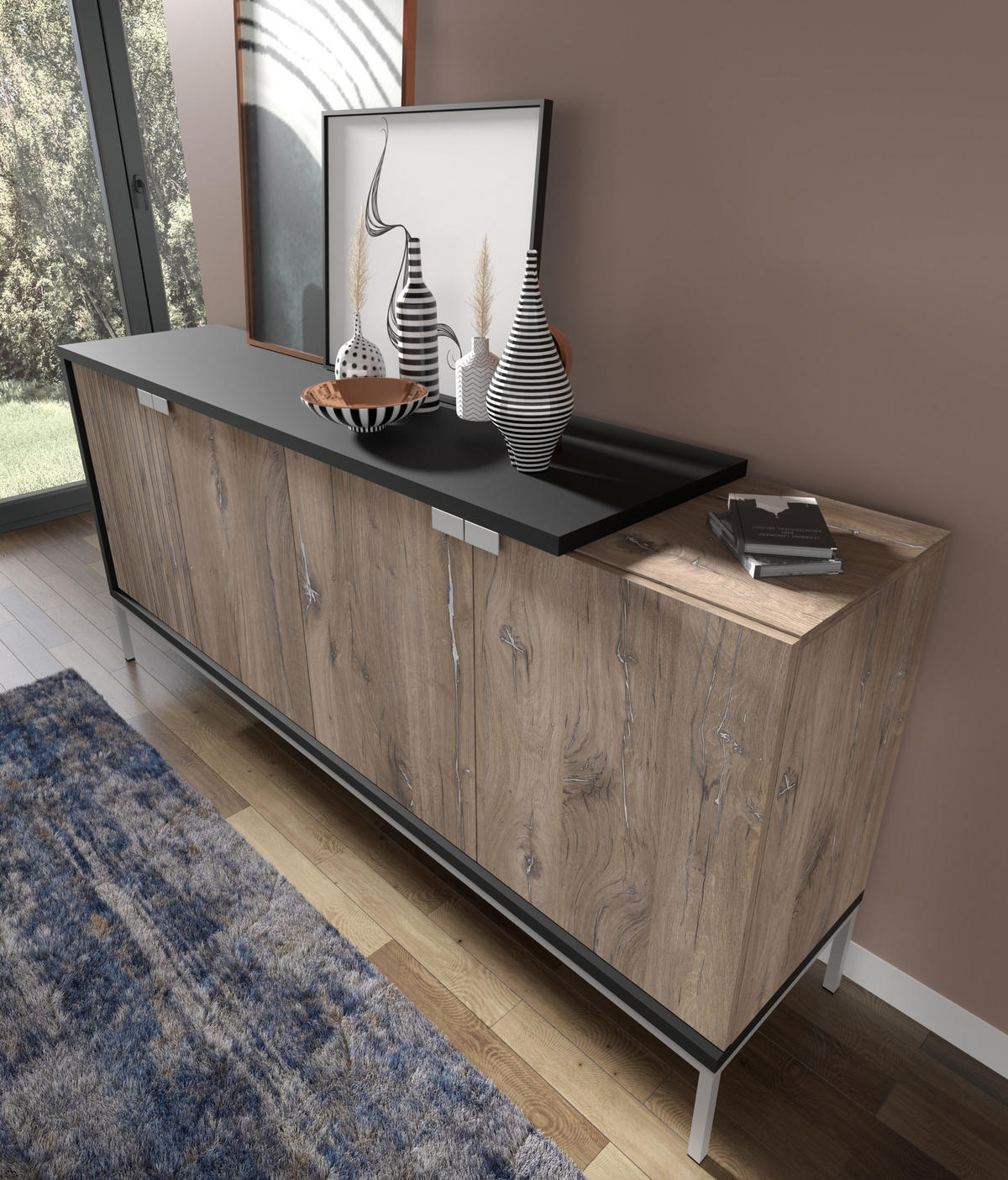 KOMMODE Flagstaff Eiche, Schwarz 190/87/42 - Schwarz, Holzwerkstoff (190/87/42cm) - RAUMHIRSCH FURNITURE