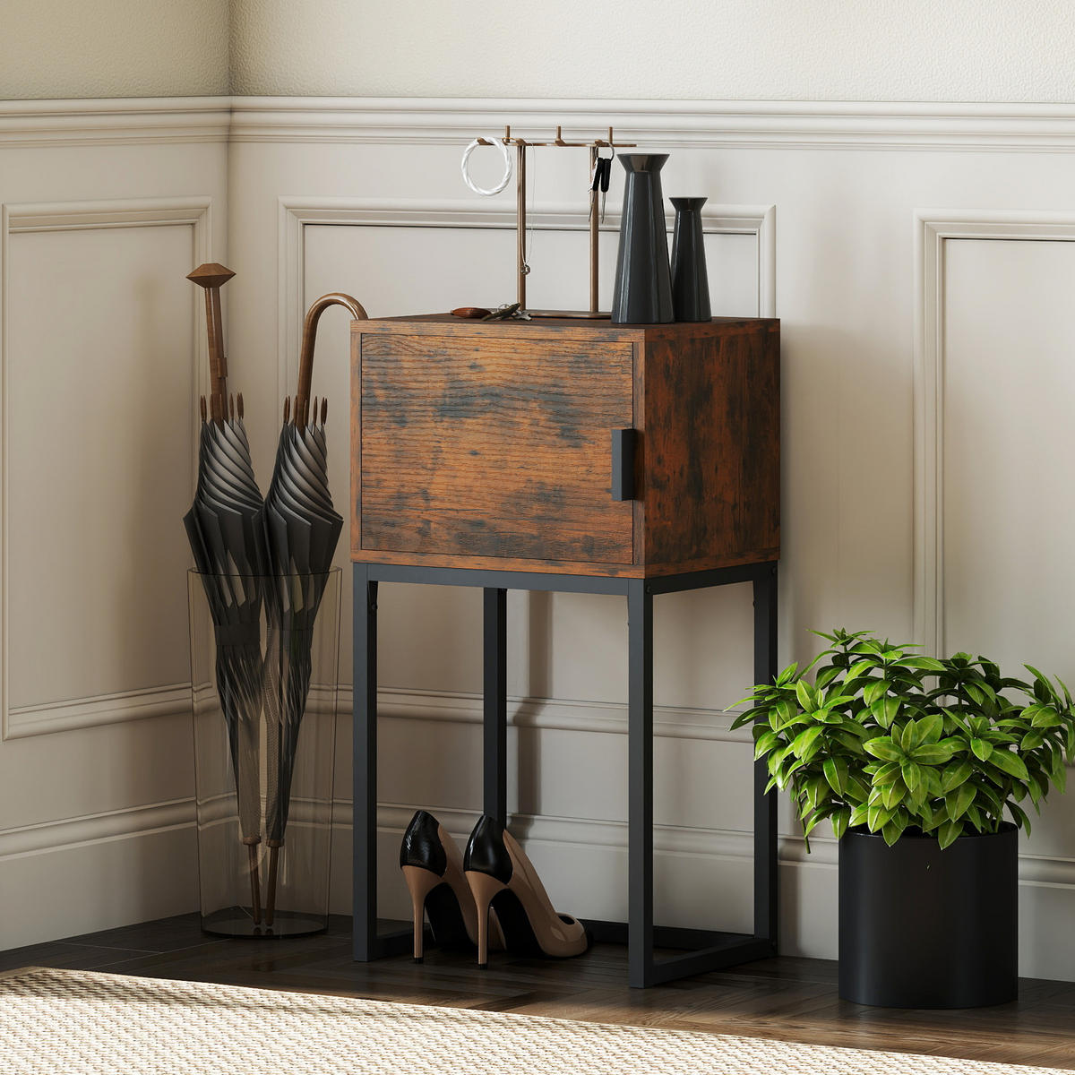 KONSOLENTISCH Flurtisch mit Schrank 40 x 30 x 76 cm Beistelltisch Sofatisch - Schwarz/Braun, Metall (40/30/76cm) - HOMCOM