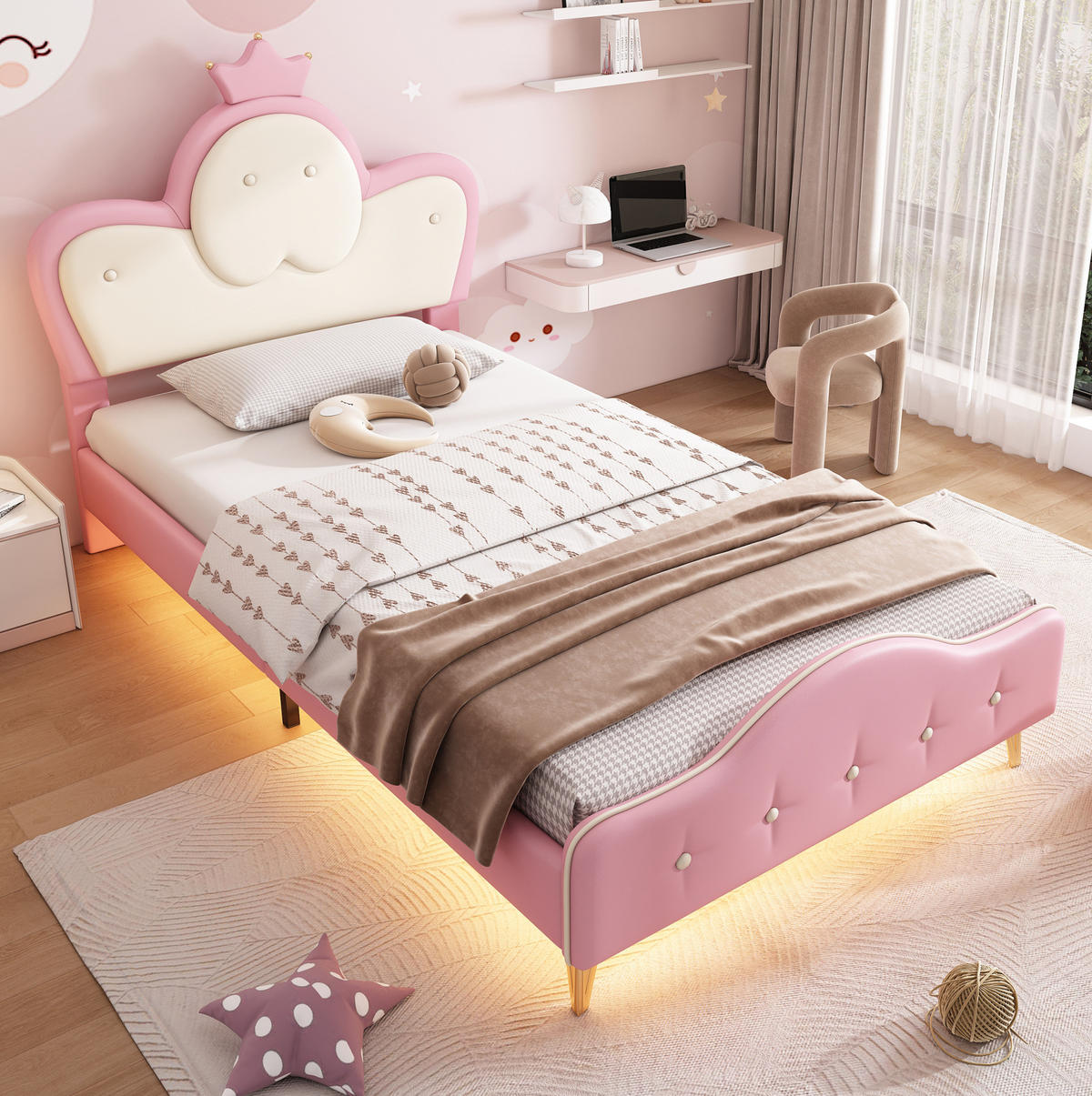 POLSTERBETT mit LED-Beleuchtung 90/200 cm in Rosa/Weiß mit gepolstertem Kopfteil - Weiß, Kunststoff (90/200cm) - BEAOK