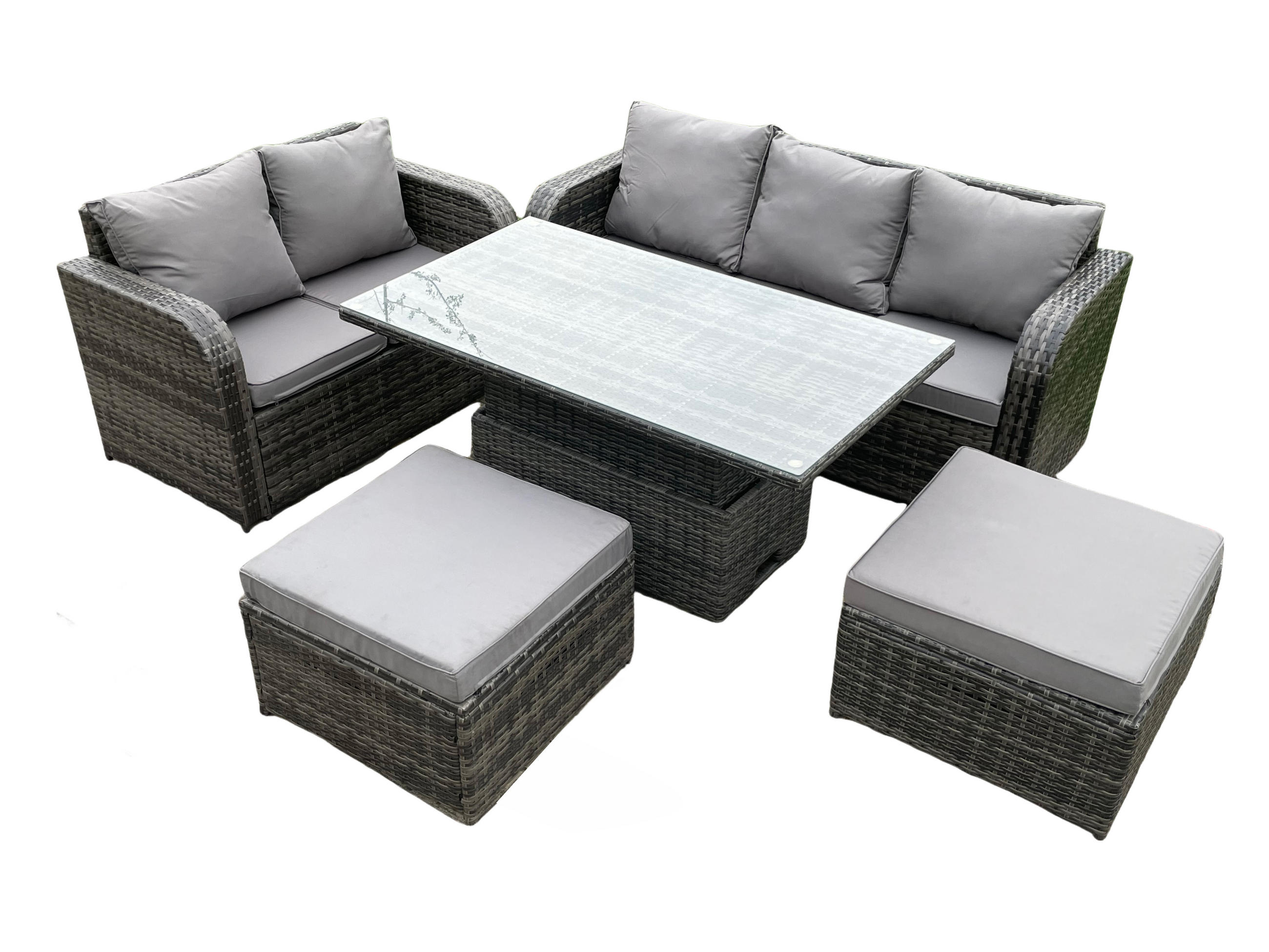 GARTENSOFA-SET MIT HÖHENVERSTELLBAREN ESSTISCH Polyrattan 7-Sitzer - Dunkelgrau/Grau, Glas/Kunststoff - Fimous