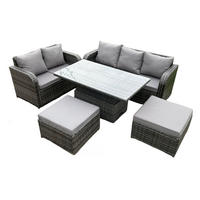 GARTENSOFA-SET MIT HÖHENVERSTELLBAREN ESSTISCH Polyrattan 7-Sitzer - Dunkelgrau/Grau, Glas/Kunststoff - Fimous