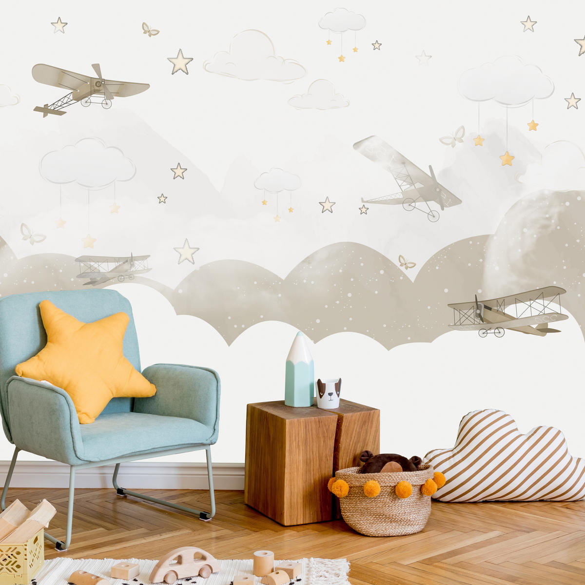 FOTOTAPETE für Kinderzimmer Flugzeuge Wolken Sterne Himmel 300x210 - Gelb/Beige, Papier (300/210cm) - Muralo