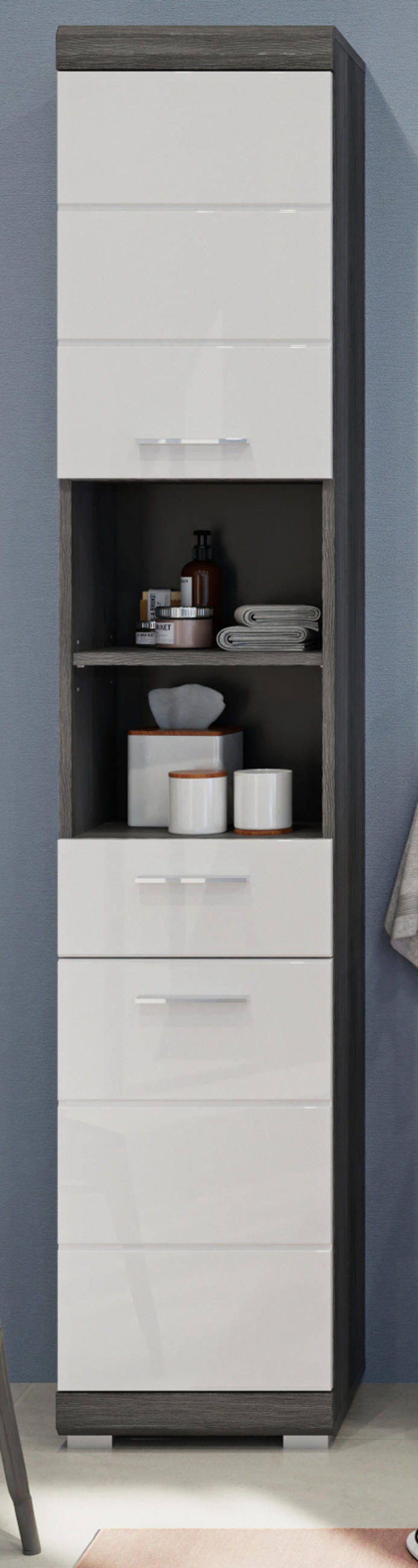 HOCHSCHRANK weiß Hochglanz, grau 190 cm, Badschrank Türanschlag wechselbar - Weiß Hochglanz/Silberfarben, Holzwerkstoff/Kunststoff (37/191/31cm) - Inn.Furn