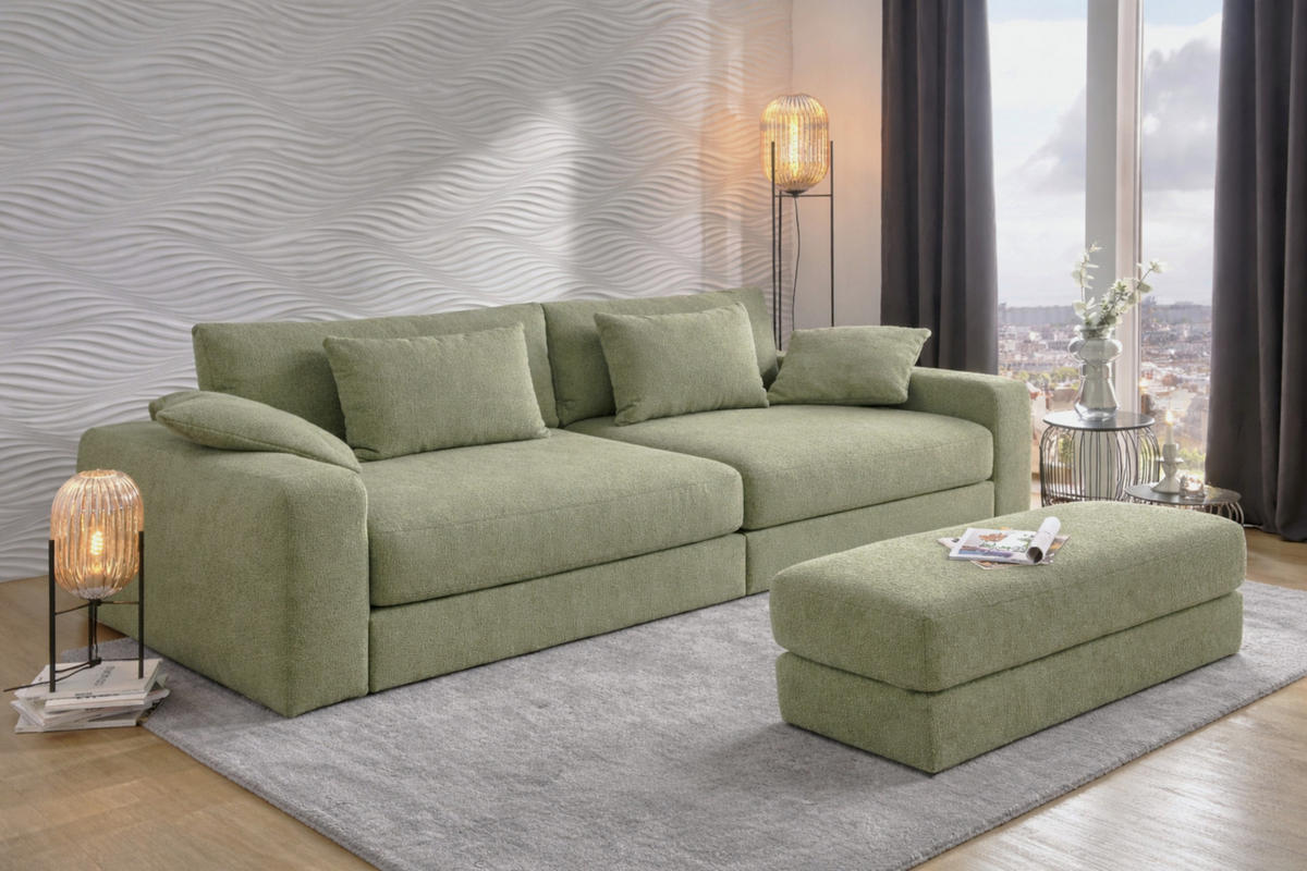 BIG-SOFA mit Federkern B290/T135/H90 cm extratief, Liegefläche 122x240 cm, Flachgewebe Hellgrün / 15247 - Schwarz/Hellgrün, Kunststoff/Textil (290/90/135cm) - luma-home