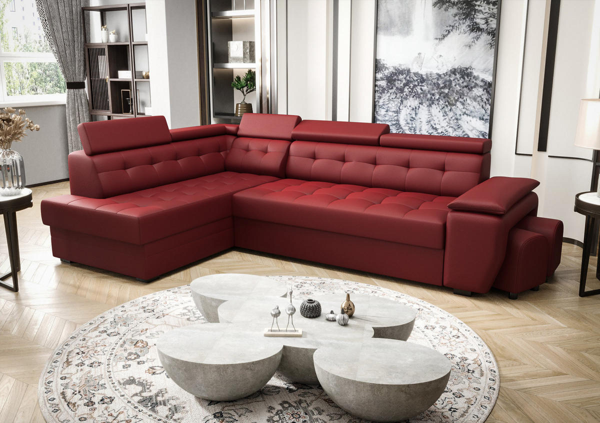 ECKSOFA KONGO RBN15, Eckcouch in L-Form mit Schlaffunktion, Farbe: Rot, Kunstleder, Ottomane Links - Rot, Textil (277/180cm) - O-Sofa