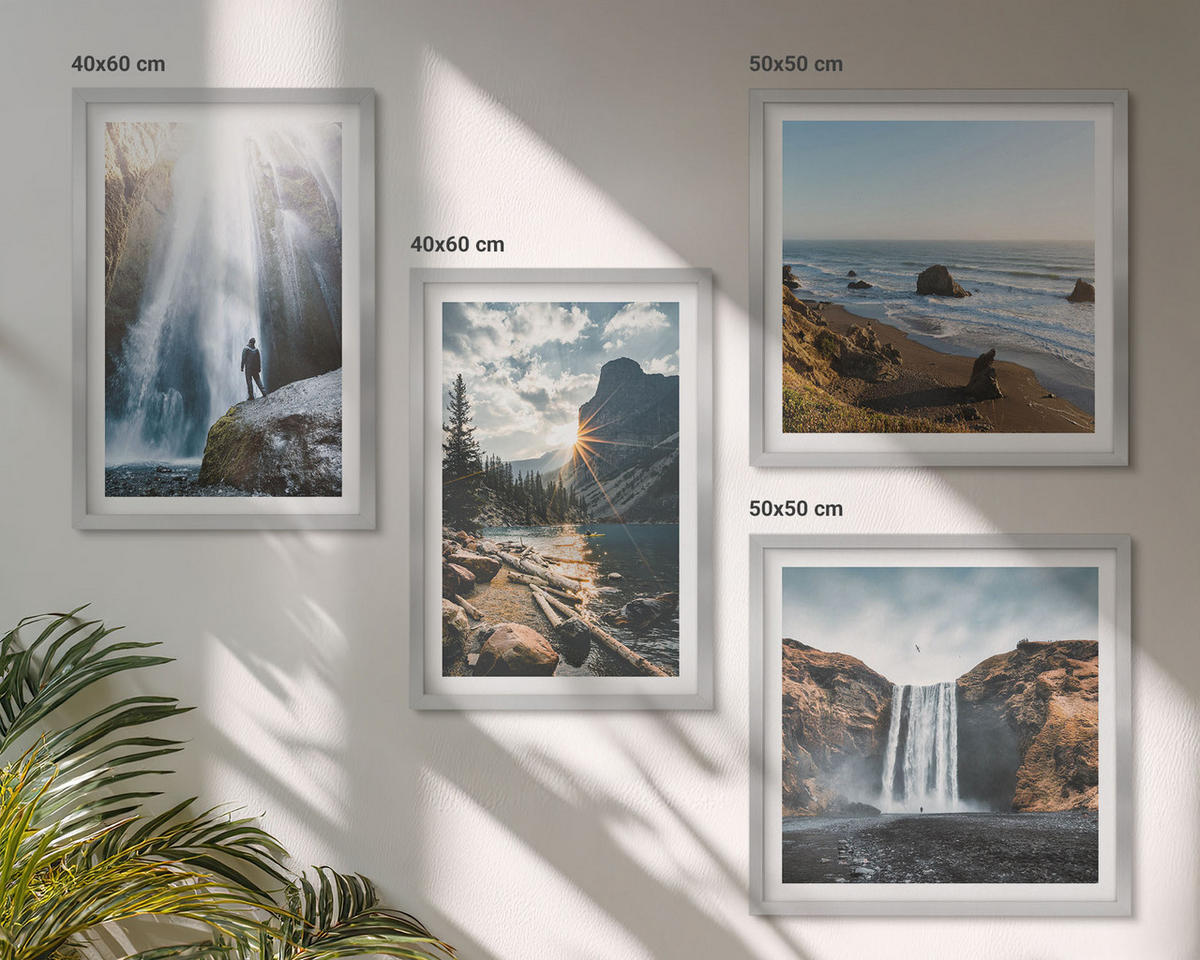 WANDBILDER 4er Set - 50x50 cm & 40x60 cm Silberner Rahmen - Wasserfälle, Berge, Landschaften, Natur - Silberfarben, Kunststoff (50/50cm) - ArtPrintCave