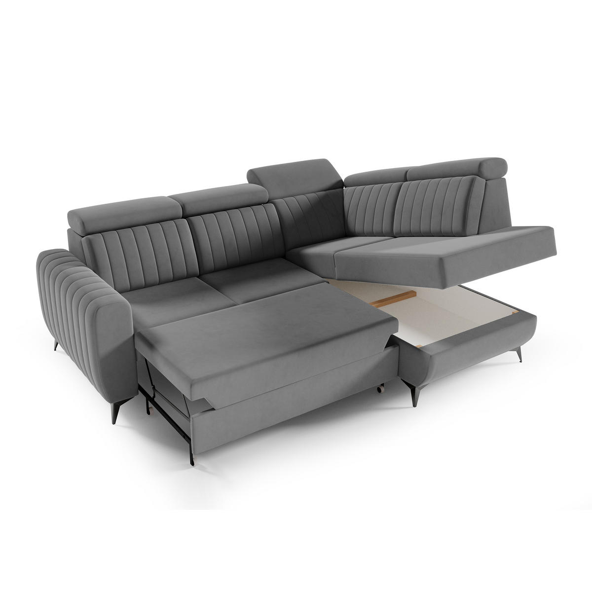 ECKSCHLAFSOFA Connor II verstellbare Kopfstützen, Grau, rechts - Schwarz/Grau, Textil (268/204cm) - Beautysofa