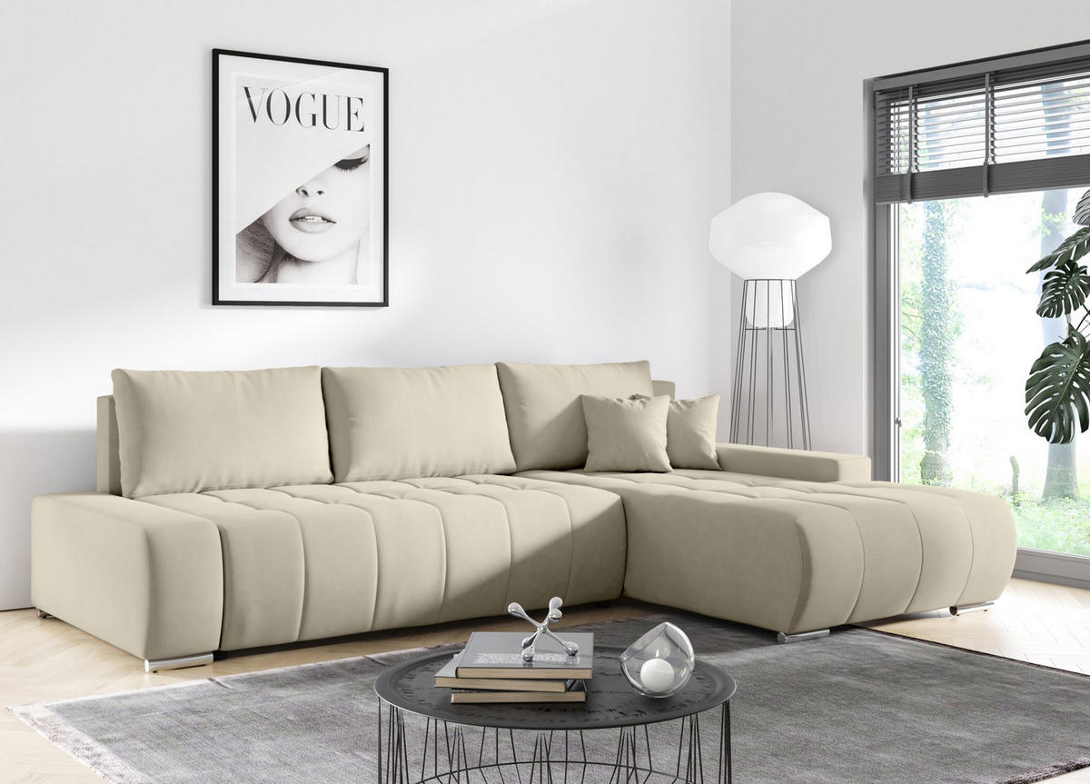 ECKSOFA mit Schlaffunktion Dhaka L, Vanille - Beige, Textil (185/265cm) - Fedve