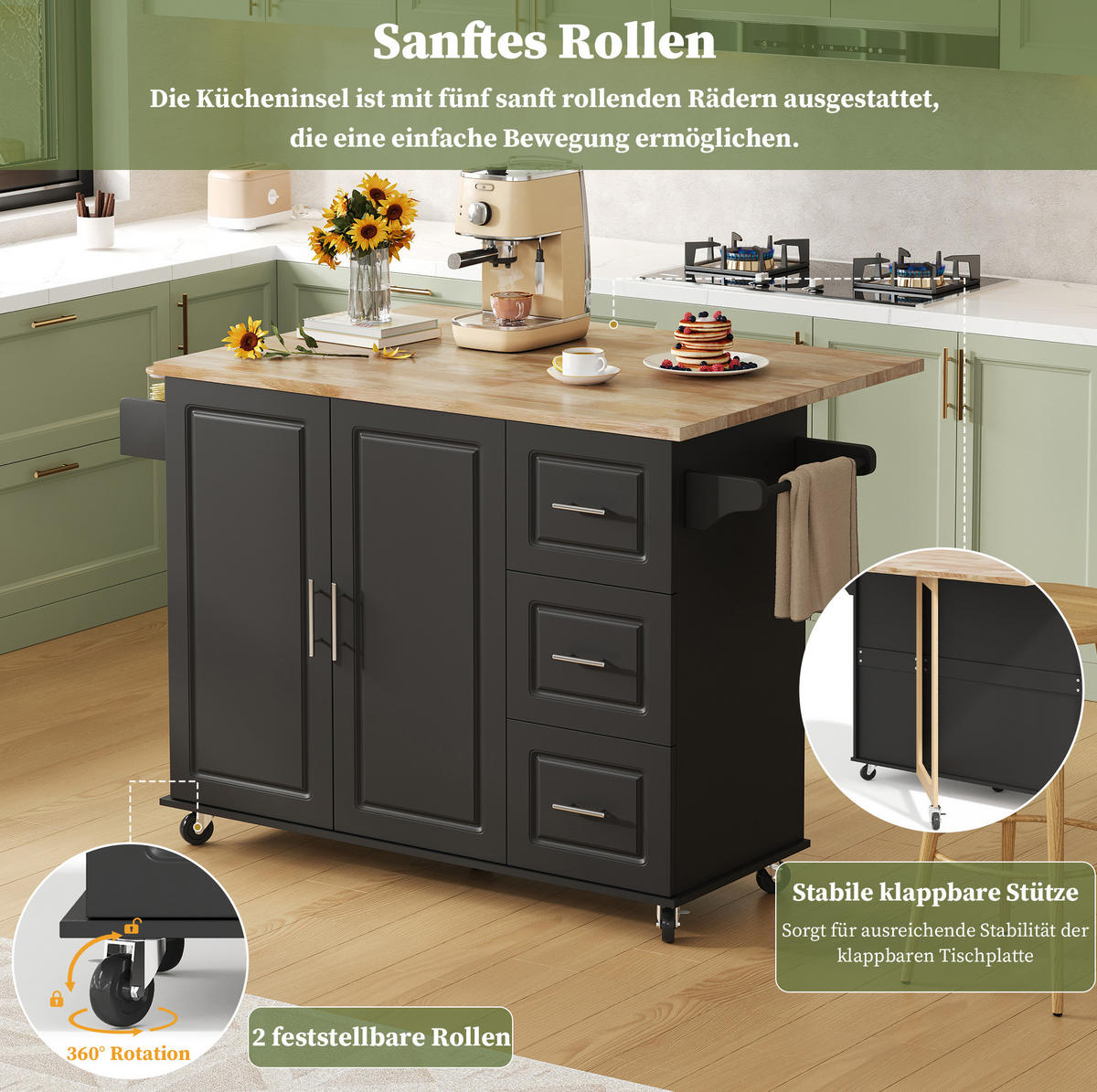 KÜCHENINSEL 137x76x92cm Schwarz mit Klappplatte, Schrank, 3 Schubladen & Rollen - Schwarz, Holzwerkstoff (137/92/76cm) - Modfu