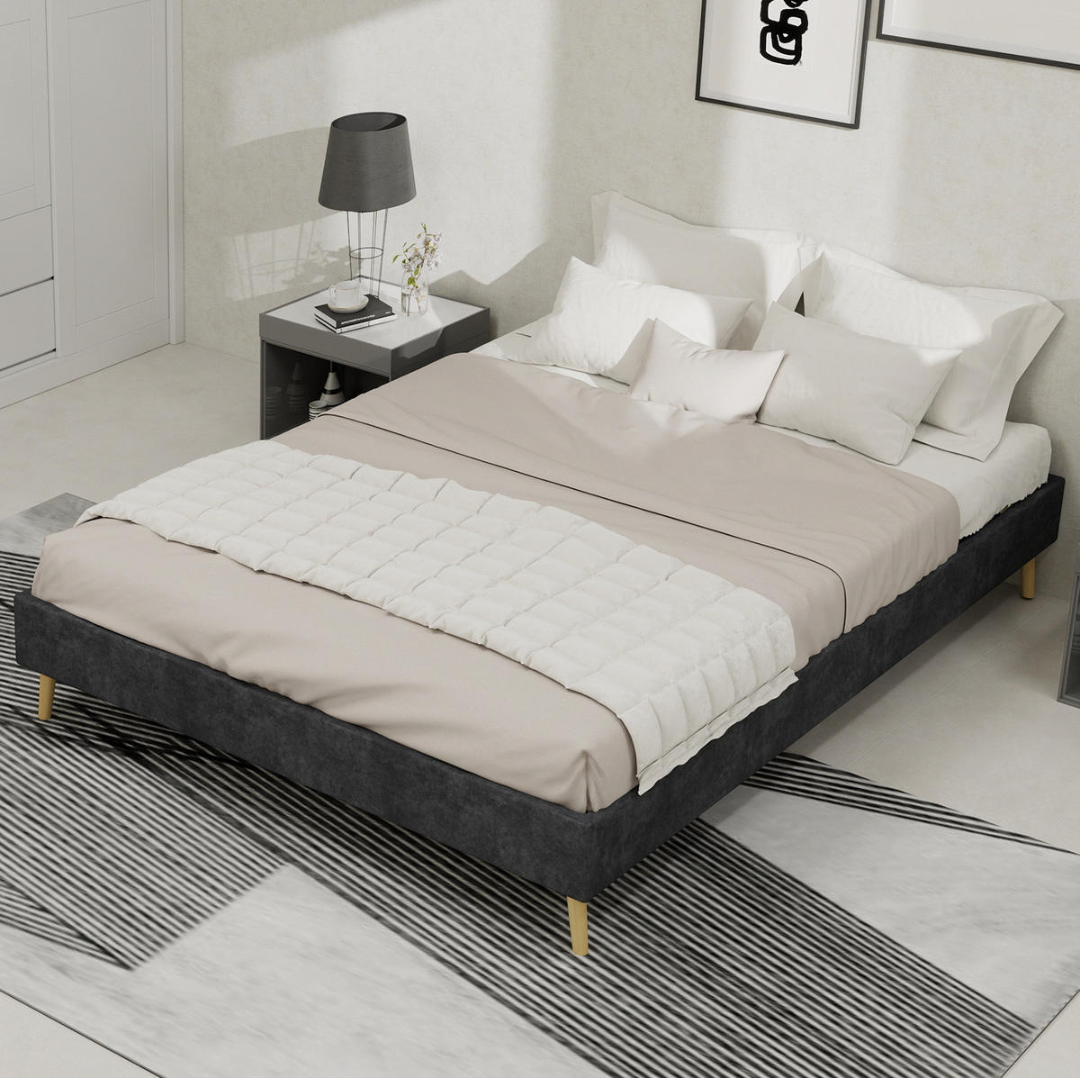 POSTEĽ 140/200 cm sivá s nízkym rámom z tkaniny a kovu - sivá, textil (140/200cm) - OKWISH