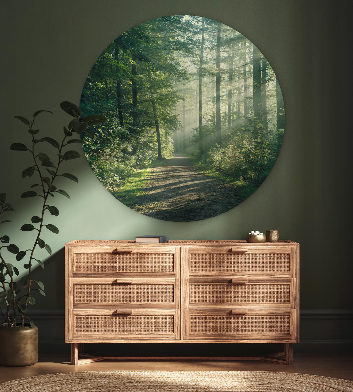 WANDBILD Wald - Weg - Sonne - Bäume - Grün - Natur Deko Groß 150x150 cm - Waldgrün, Kunststoff (150/150cm) - MuchoWow