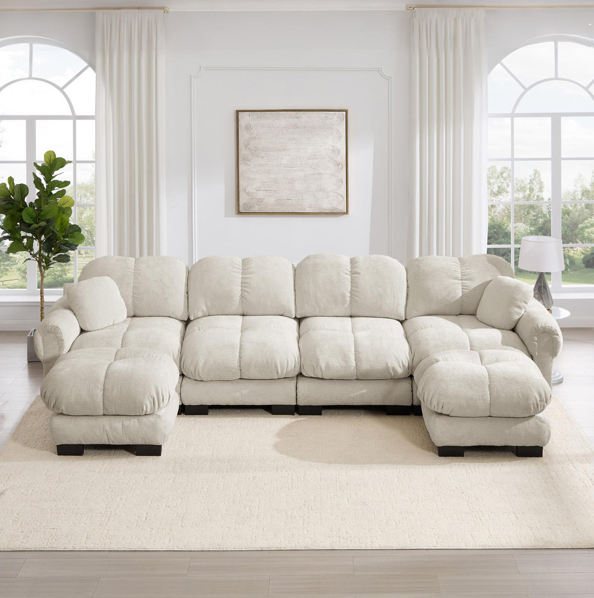 SOFA in U-Form mit 2 mobilen Ottomane Chenille Light Khaki - Hellbraun, Holz (149/90/330.1cm) - Meubliv