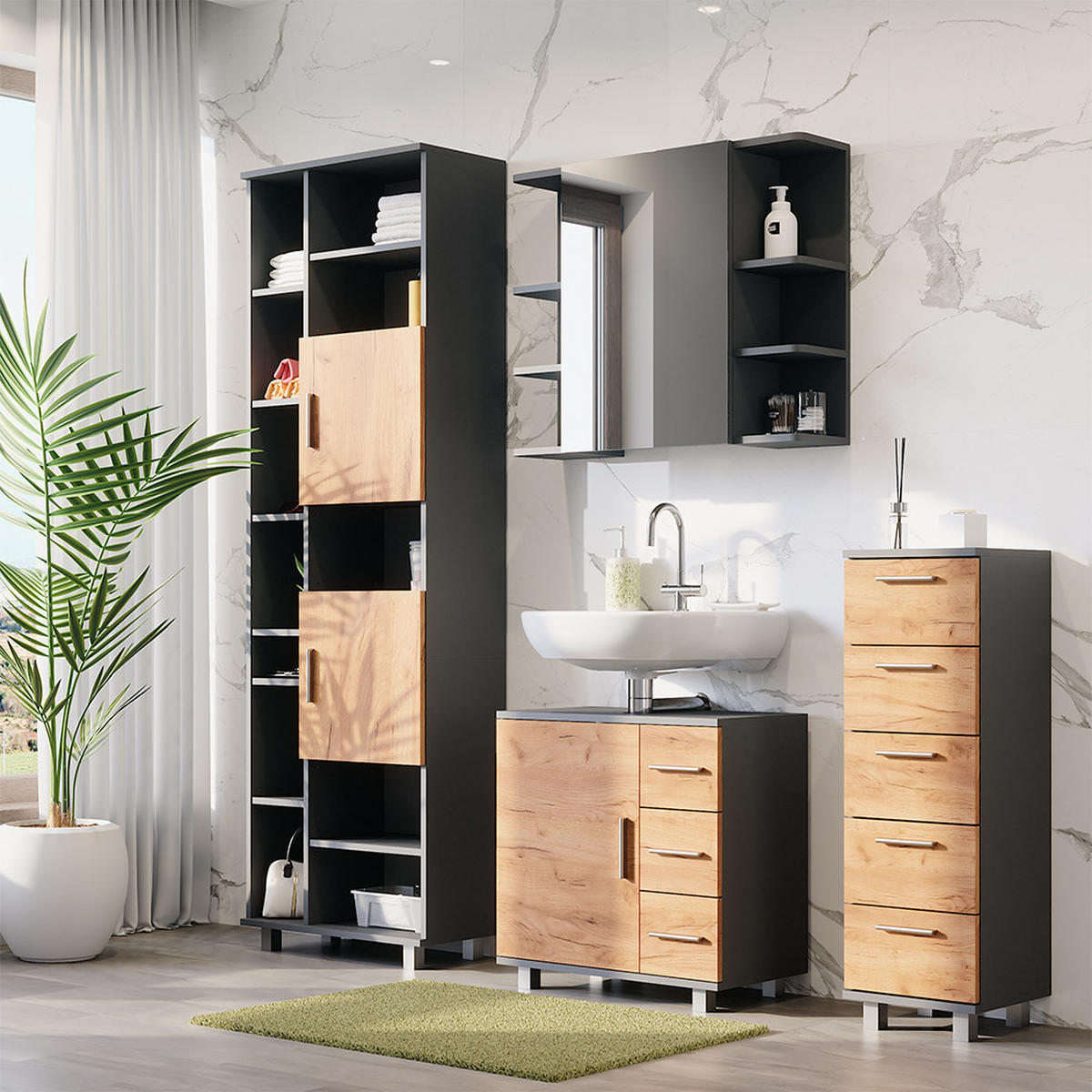 HOCHSCHRANK Ilias Anthrazit/Goldkraft Eiche 60.2 x 190 cm - Honigeiche/Anthrazit, Holzwerkstoff (60.2/190/30cm) - Vicco