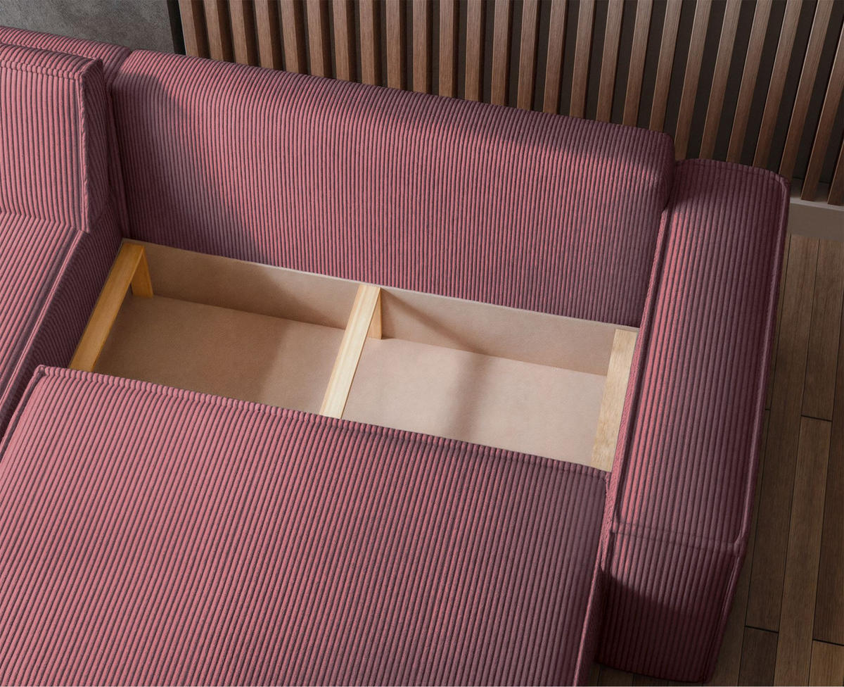 ECKSOFA Scarlo Dunkelrosa Cordbezug - Dunkelrosa/Schwarz, Kunststoff/Textil (244/145cm) - Selsey