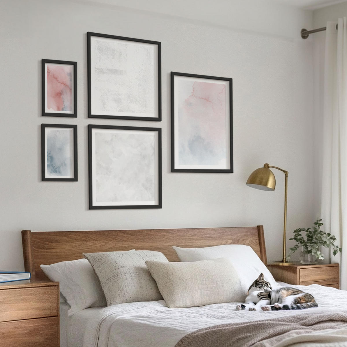 WANDBILDER 5er-Set - 50x50 cm & 20x30 cm & 40x60 cm Schwarzer Rahmen - Pastellfarbene Aquarelltexturen - Schwarz, Kunststoff (40/60cm) - ArtPrintCave
